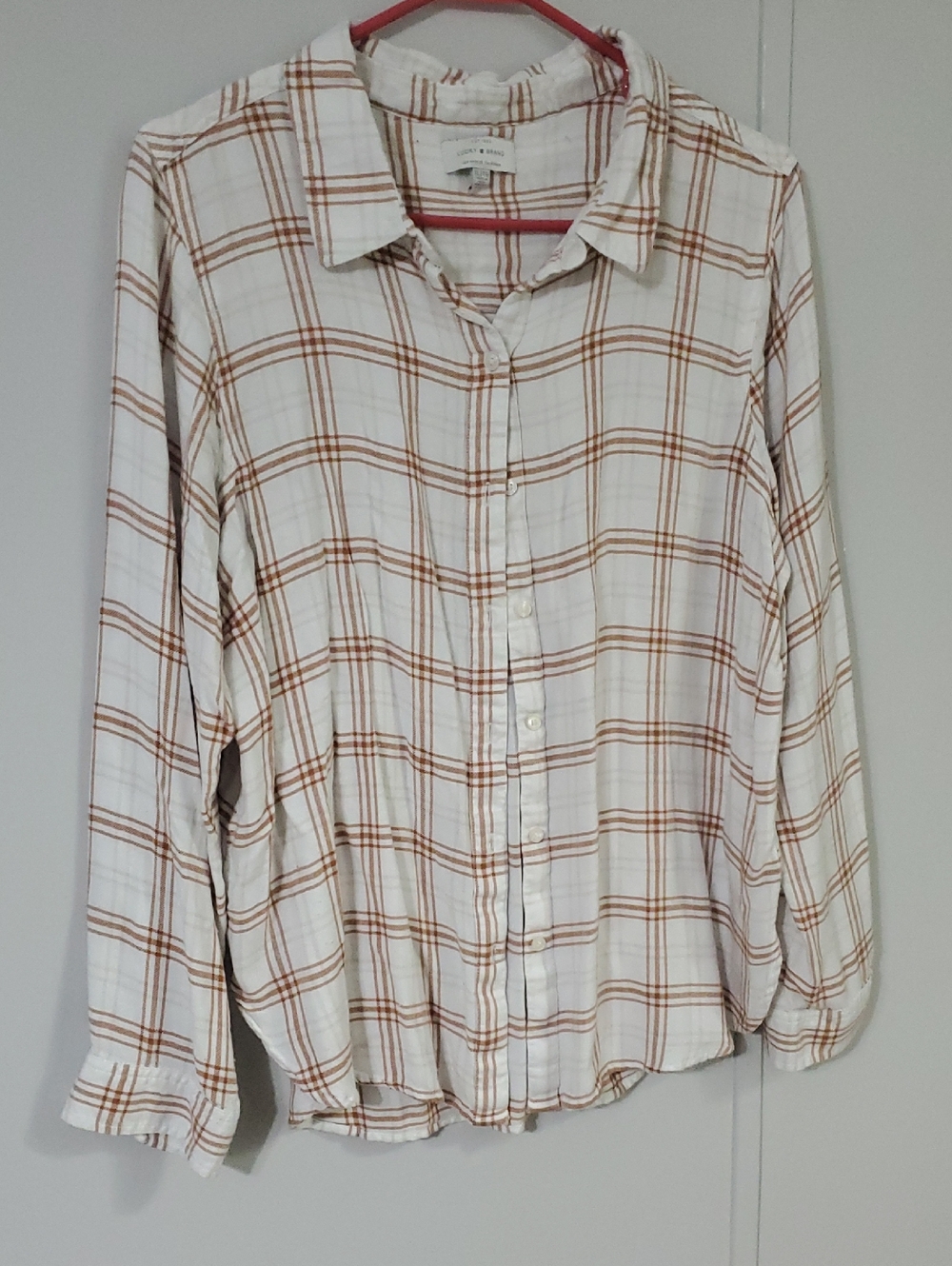 Lucky Brand White Button-Down Shirt with Brown Plaid